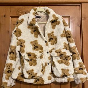 Teddy Bear Print Sherpa Jacket